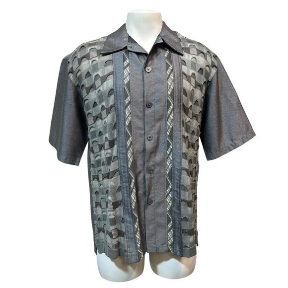 Michael Irvin 88 Shirt Sz M Silver Silk Blend Button Up Textured Geometric Retro - Picture 1 of 9